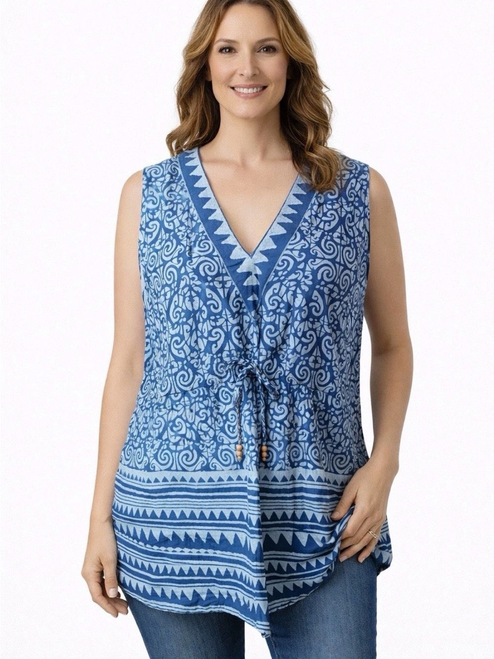 Gap M Blue White Sleeveless‎ Tunic Top Boho Tie Front 100% Cotton